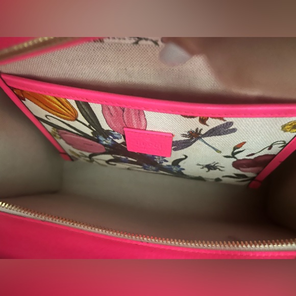 Gucci Pink Leather Medium Flora Canvas Tote Bag - Picture 5 of 6